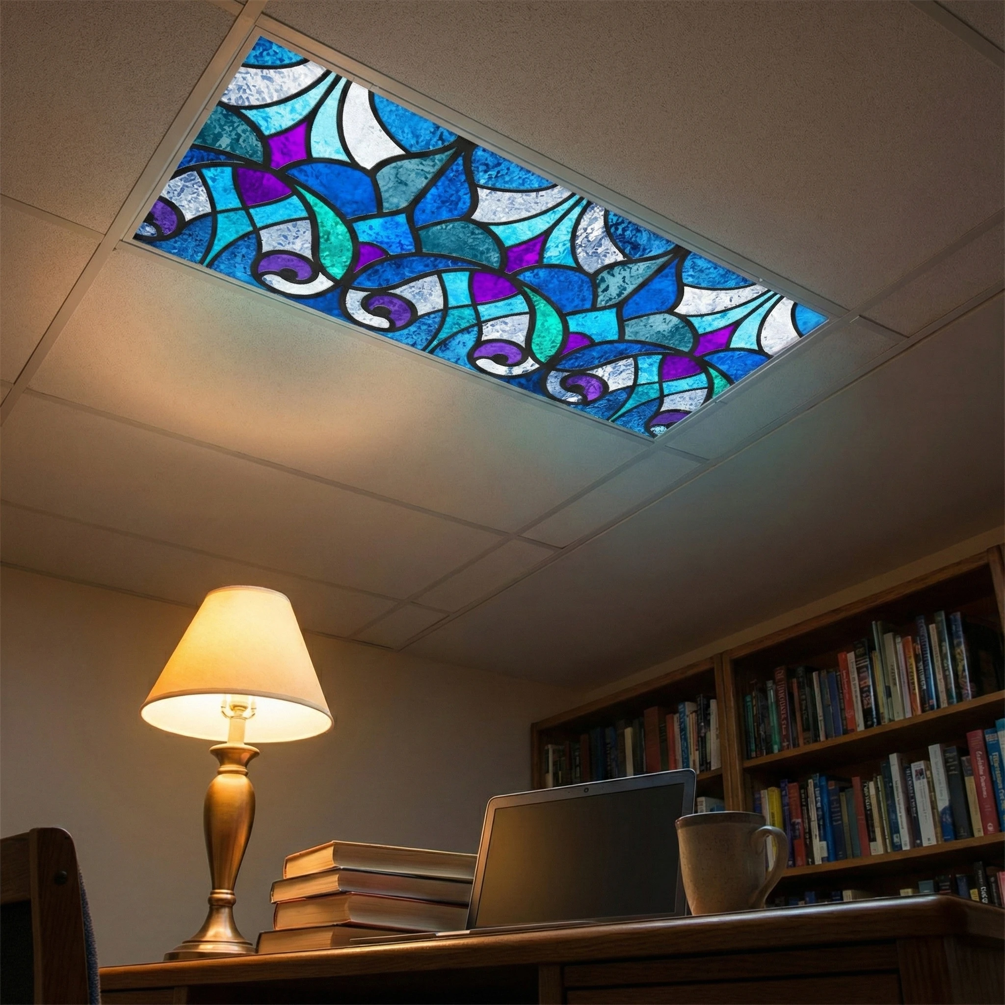 Study with a stained glass fluorescent light cover glowing in the ceiling