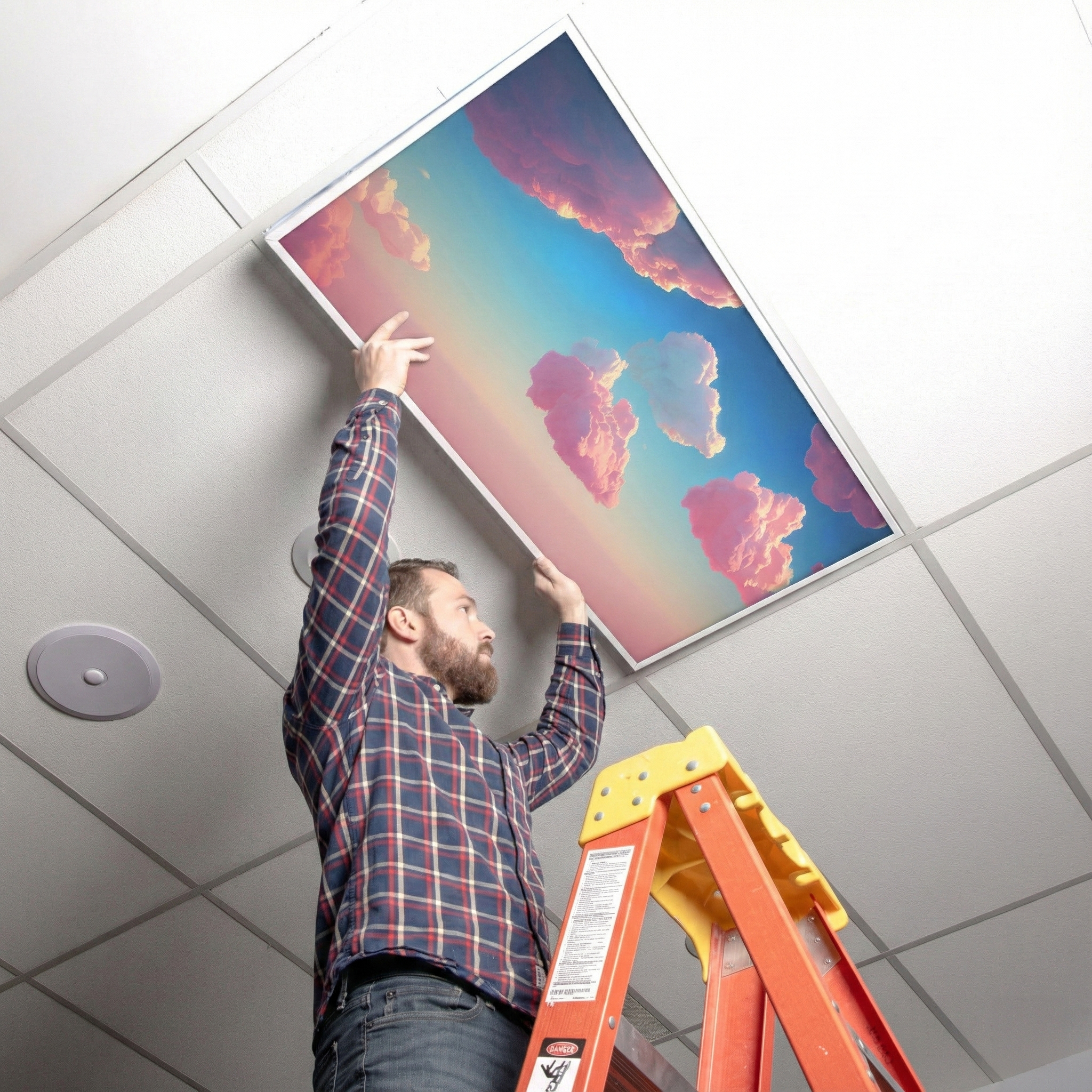 Installing a custom printed magnetic light cover on a drop ceiling grid