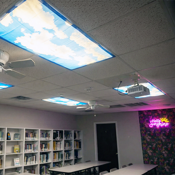 Fabric light covers in classroom