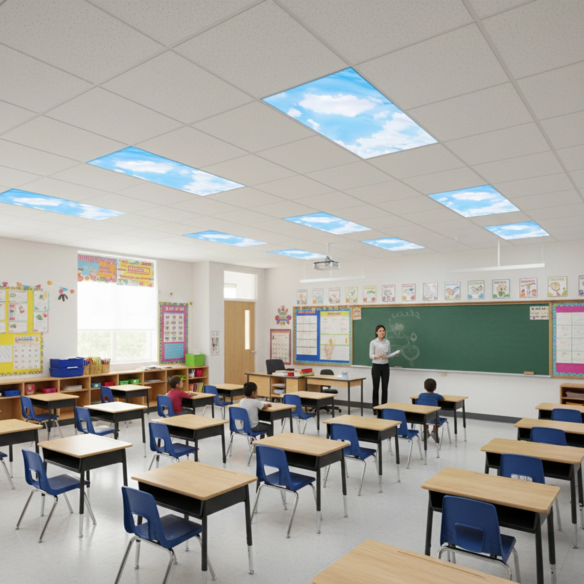 Classroom with cloud fabric light covers on the ceiling lights
