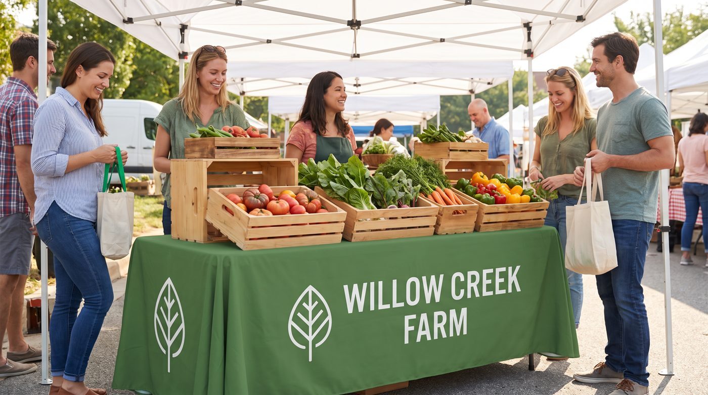 Farmers market vendor table with custom printed table throw under a canopy tent
