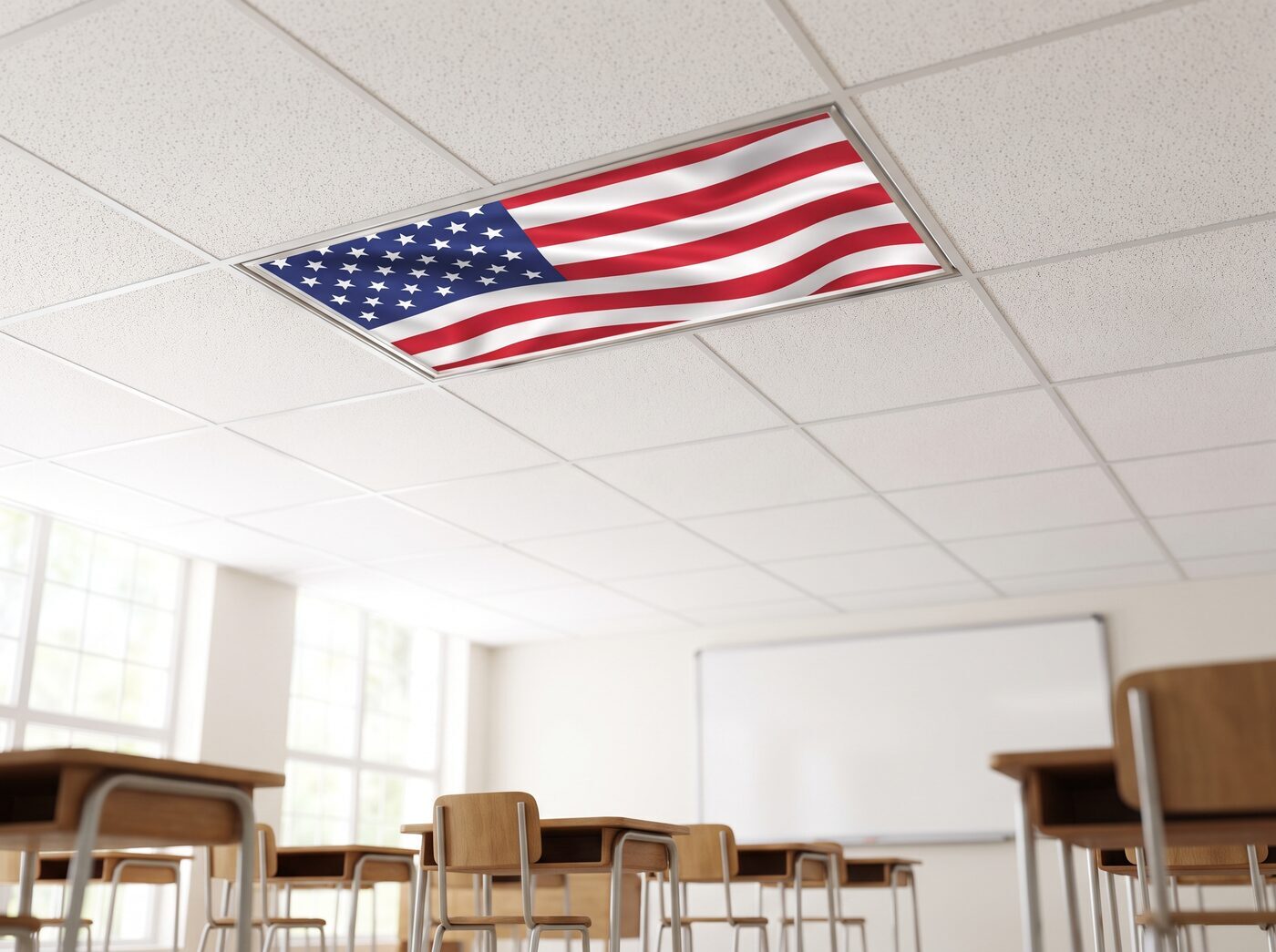 Classroom with an American flag fluorescent light cover in the drop ceiling