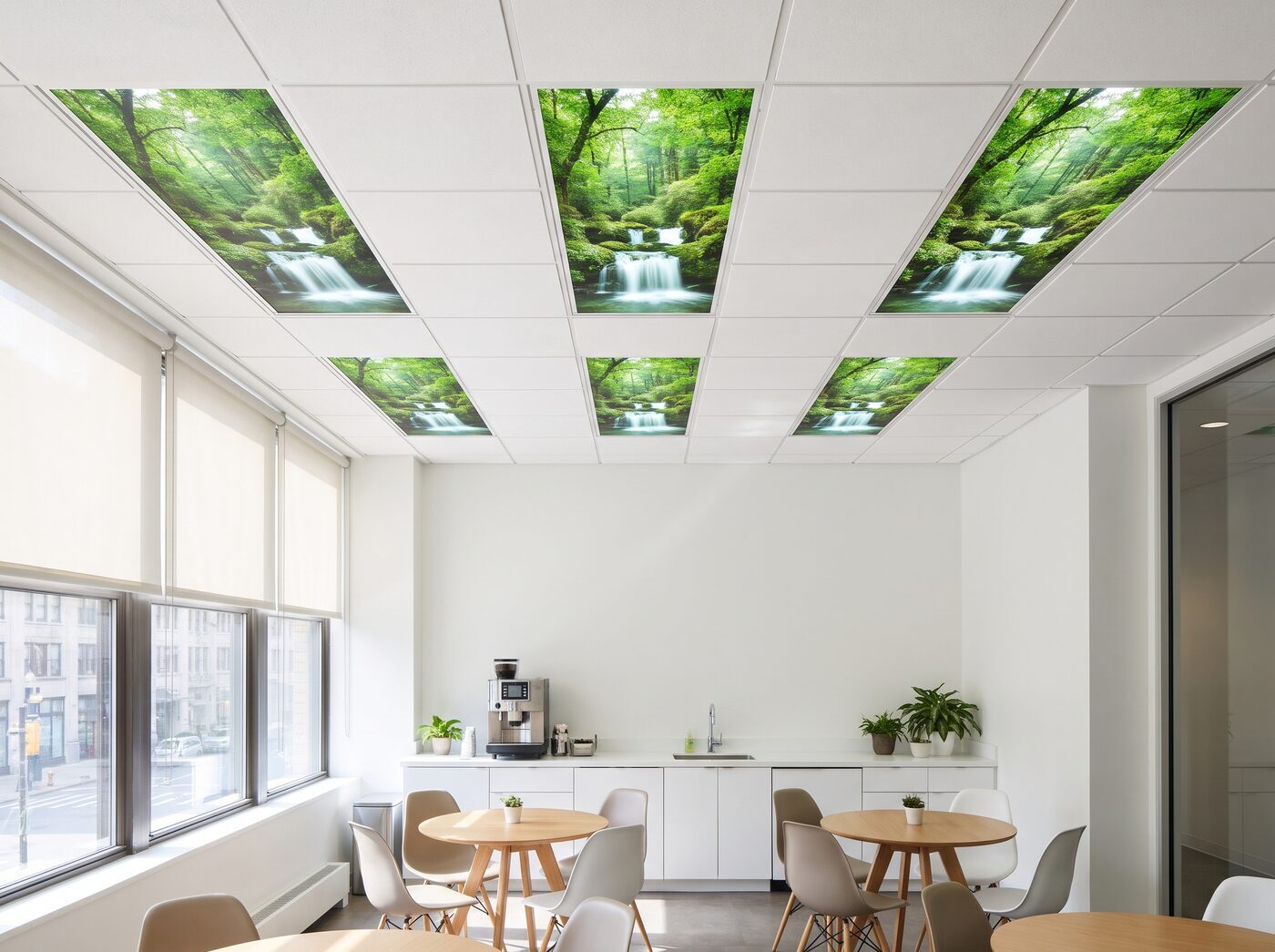 Office break room with waterfall fluorescent light covers in the ceiling