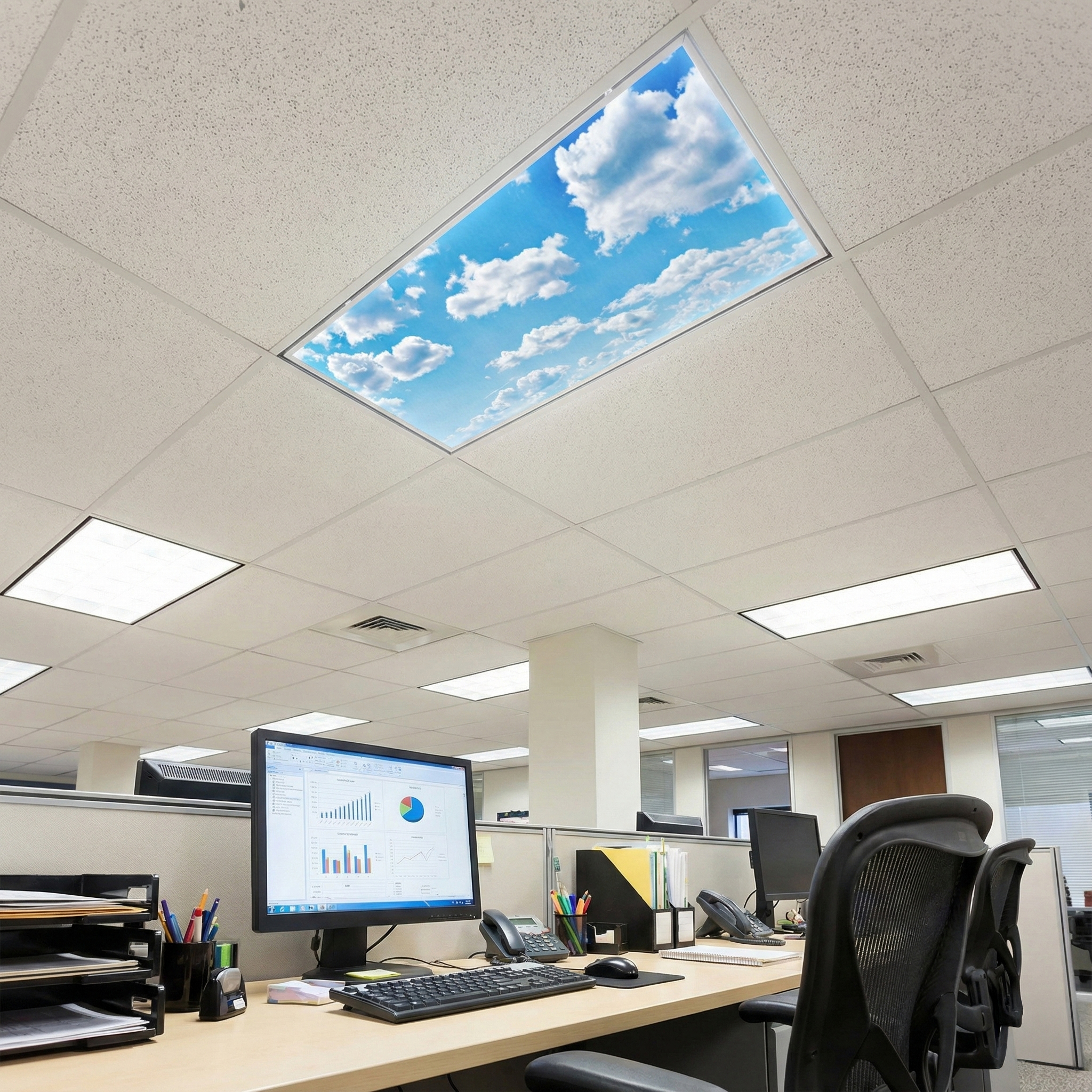 Office with cloud fluorescent light covers in the drop ceiling fixtures