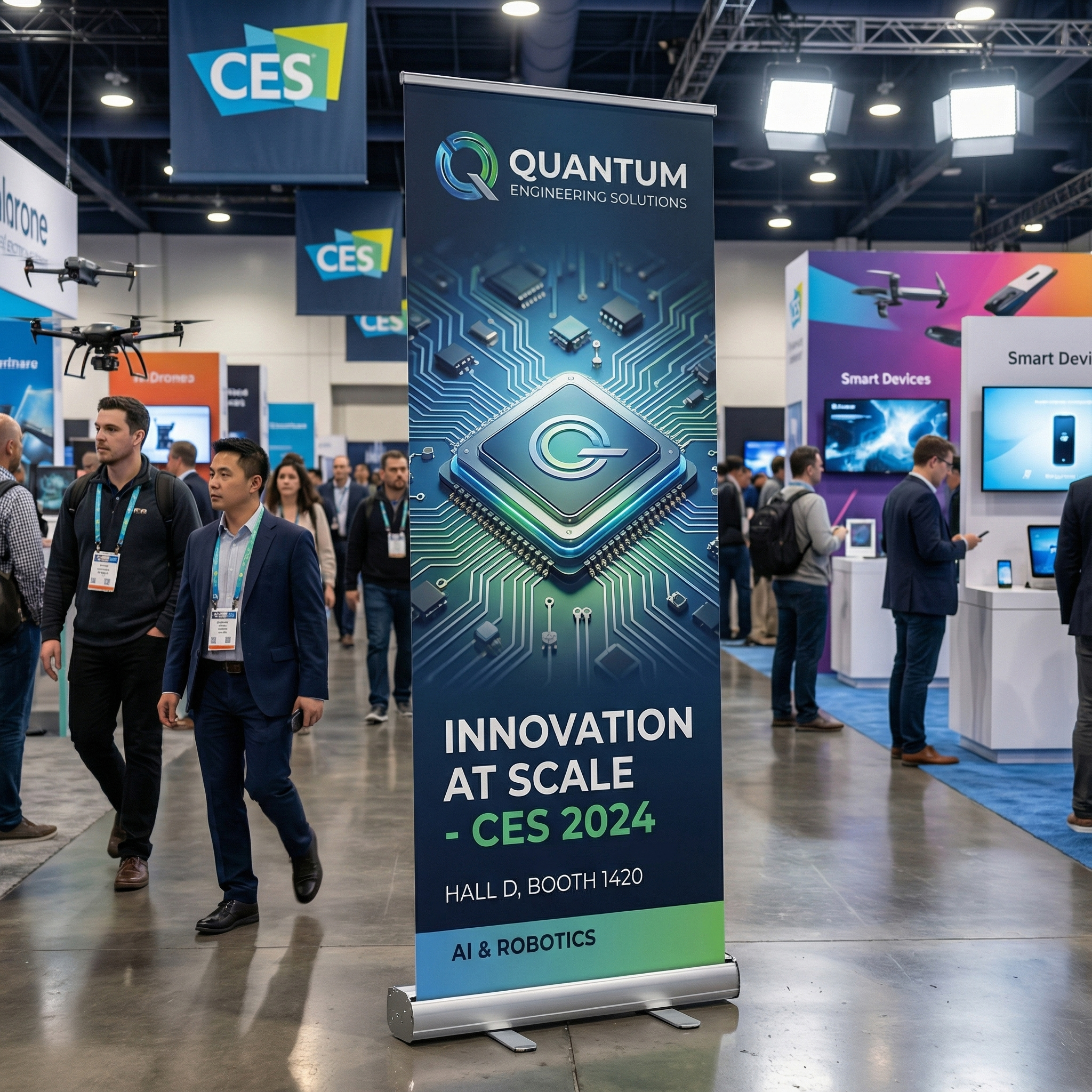 Retractable banner stands at trade show booth