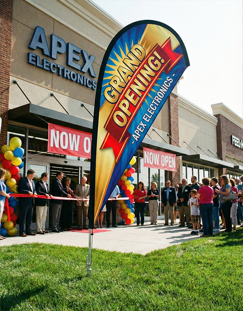 Custom teardrop flag at a store grand opening ribbon cutting