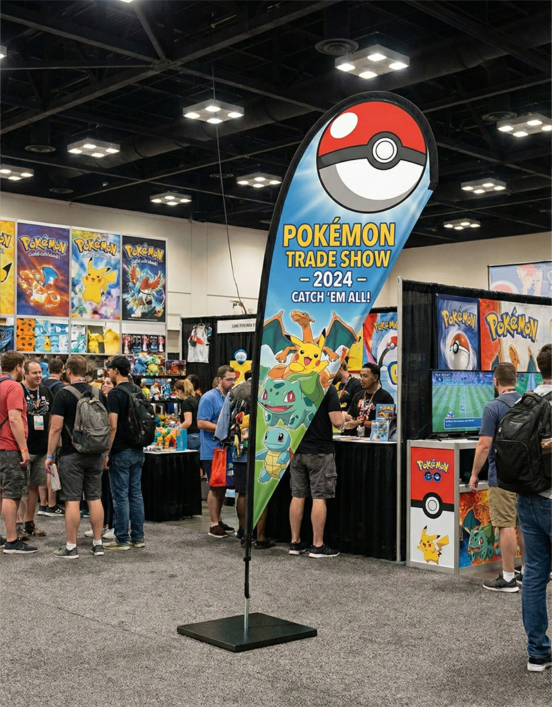 Teardrop flags at trade show booth