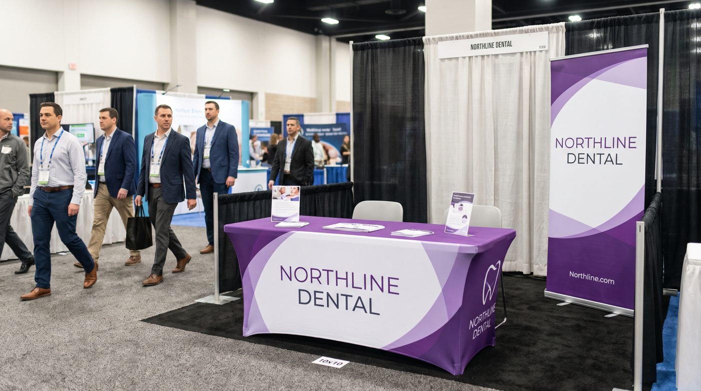 Trade show booth with custom stretch table cover and matching banner stand
