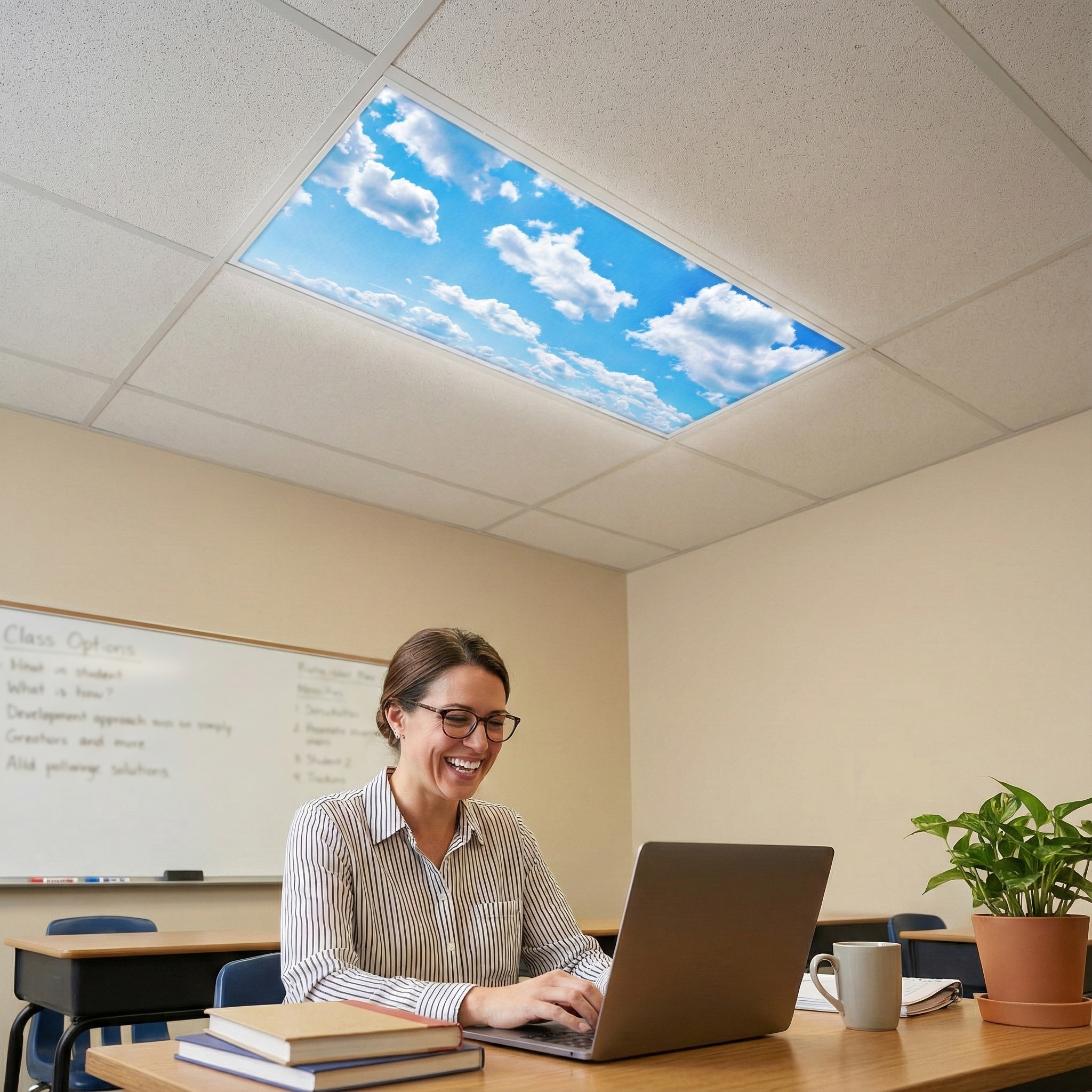 Teacher working under a cloud fluorescent light cover in a drop ceiling