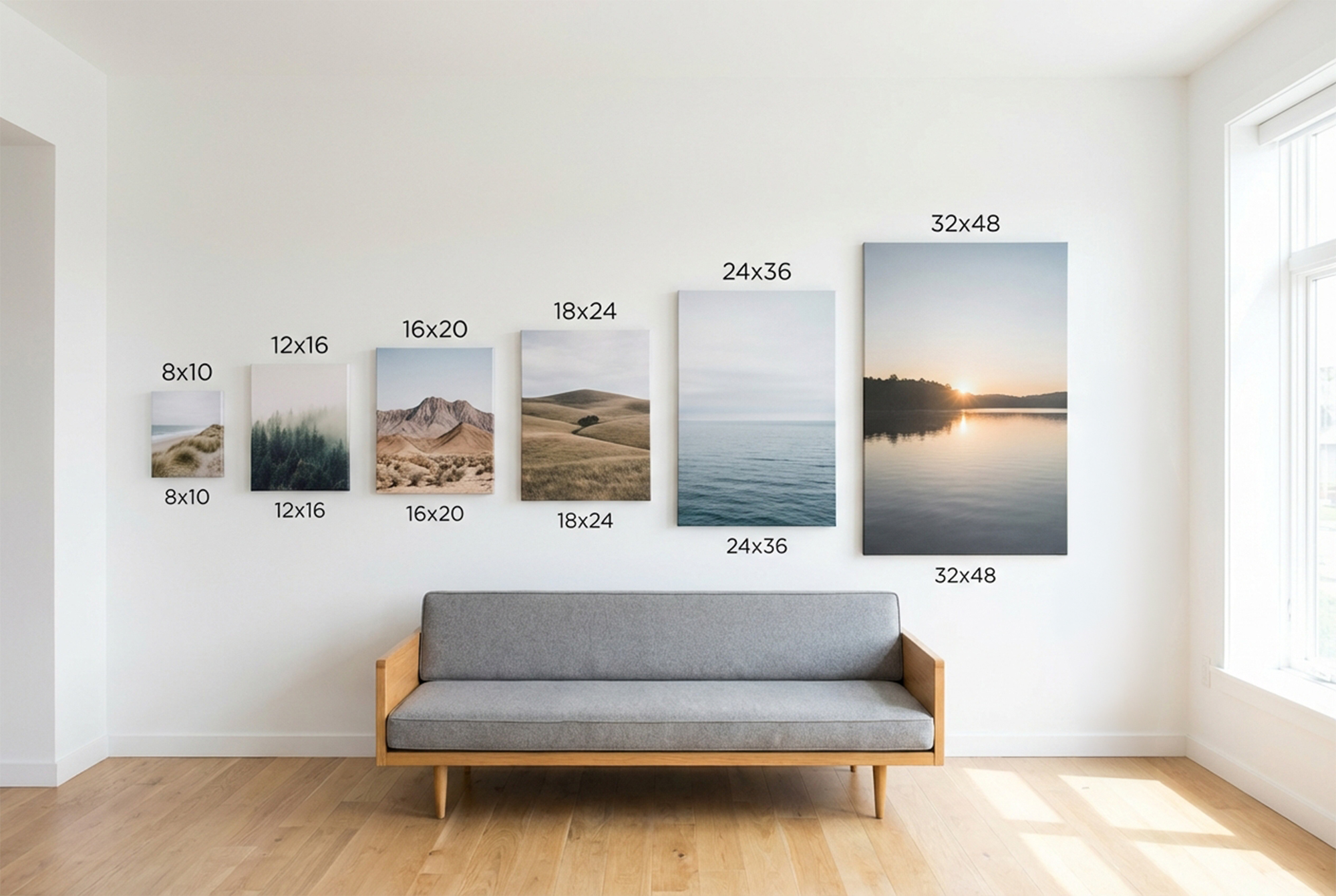 Size selection guide showing recommended dimensions for different wall widths and room types