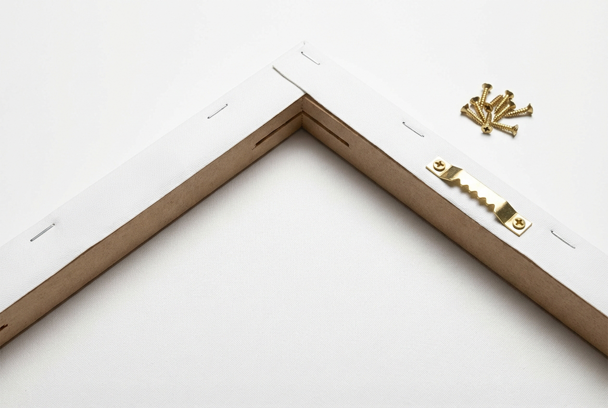 Back of a gallery wrap showing MDF construction with included brass sawtooth hangers and screws