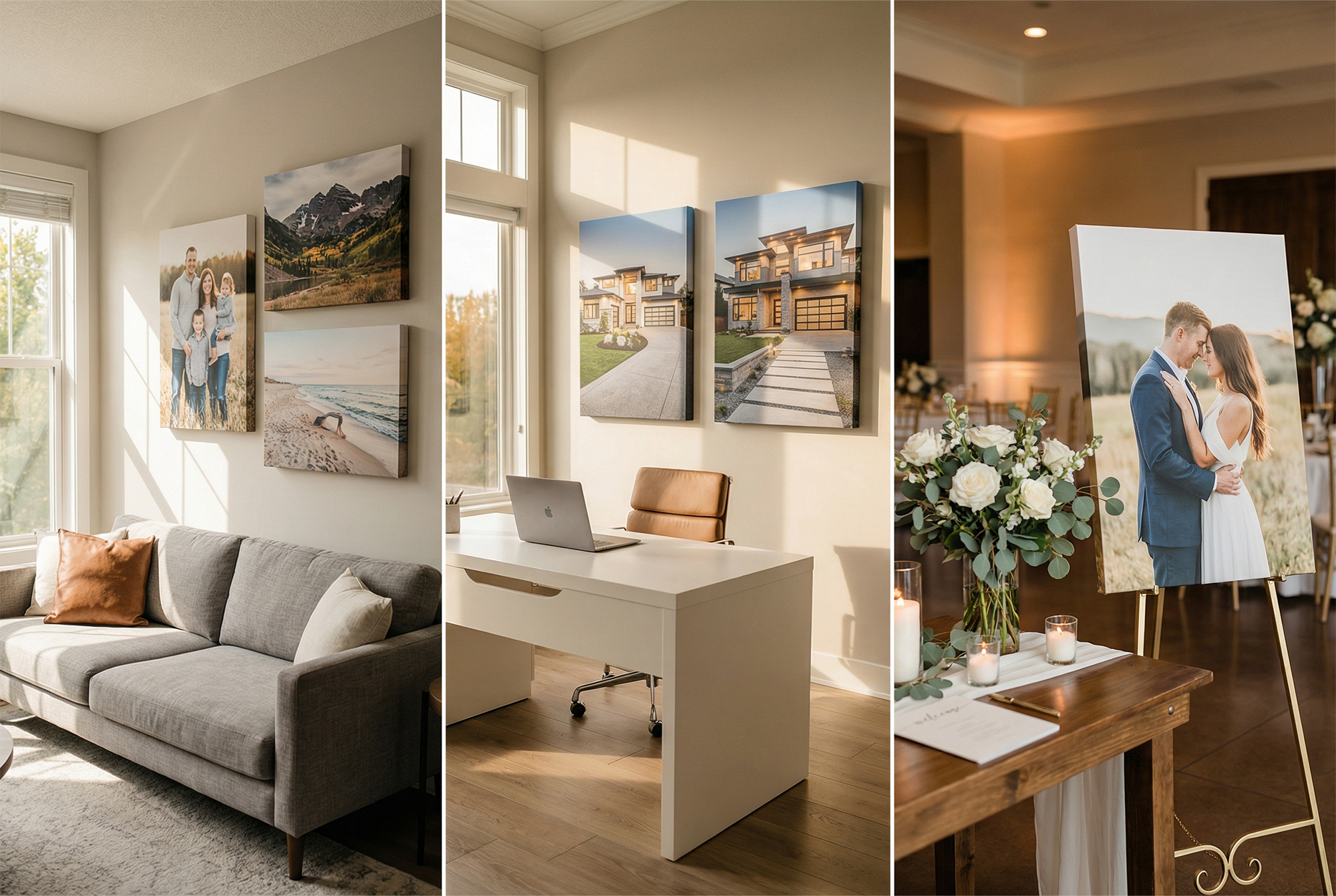 Custom displays in multiple settings including a living room, professional office, and wedding reception