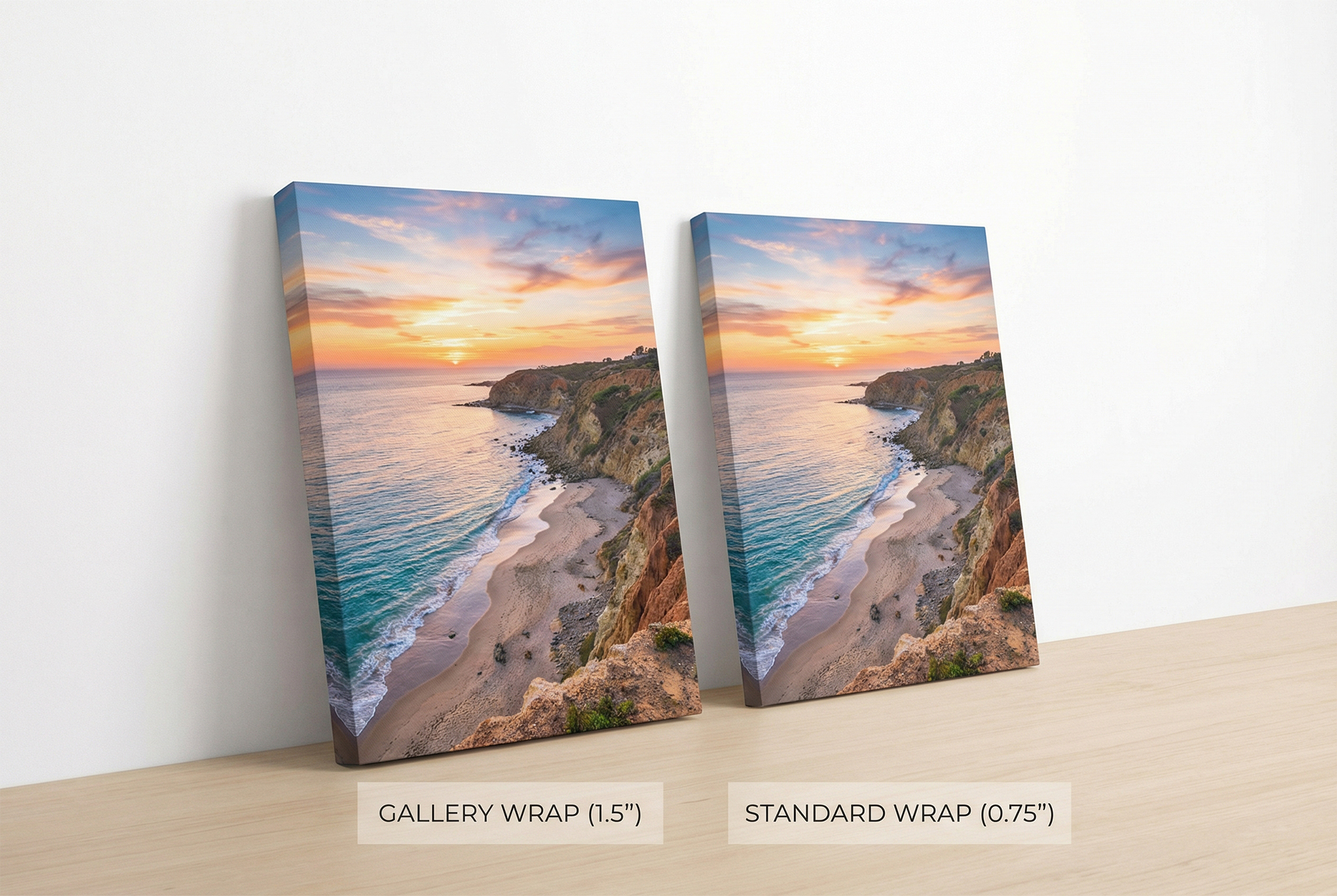 Side-by-side comparison showing 1.5 inch gallery wrap depth versus standard thin canvas wrap profile