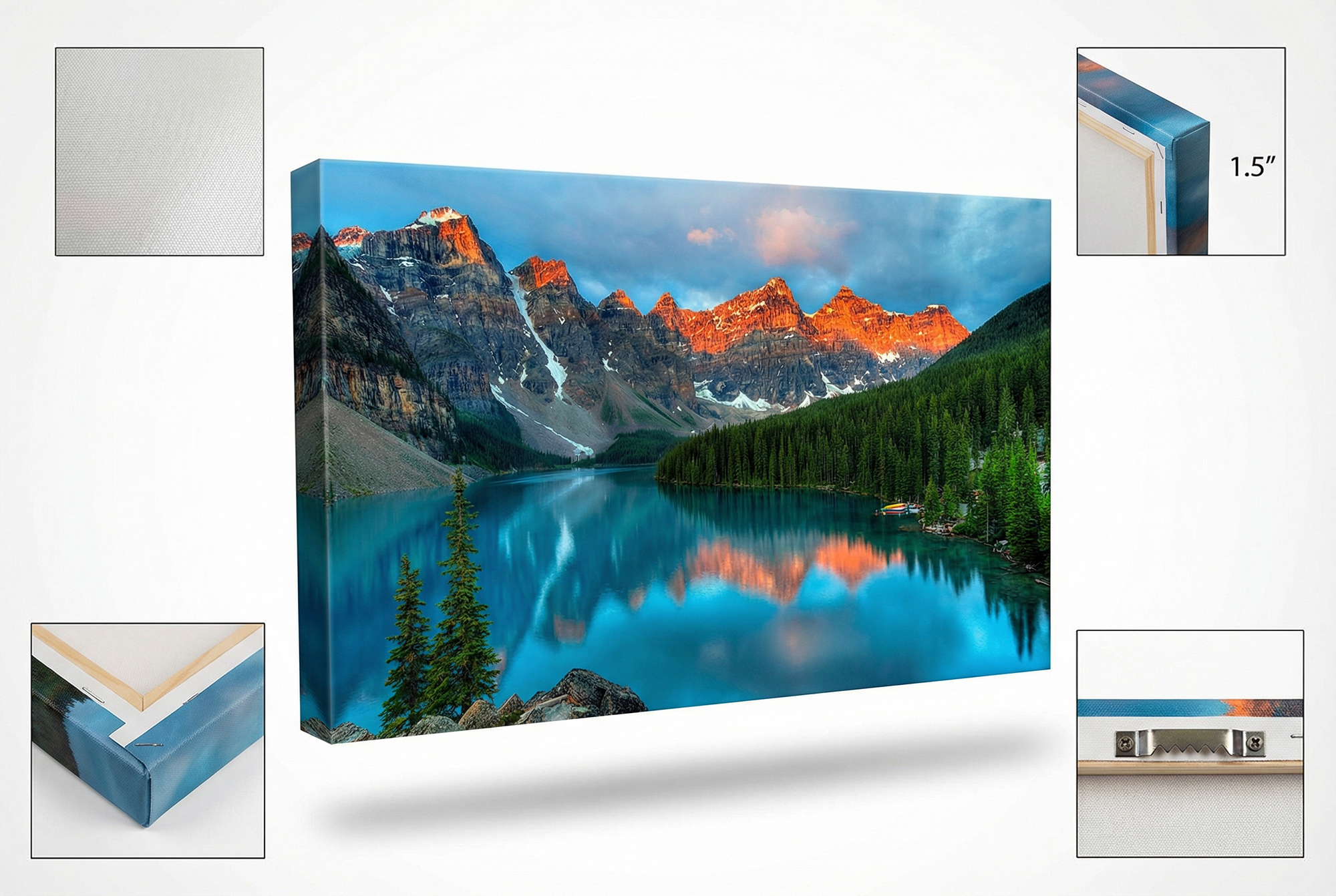 Octo Prints features including semi-gloss finish, 1.5 inch depth, free edge finishes, and included hanging kit