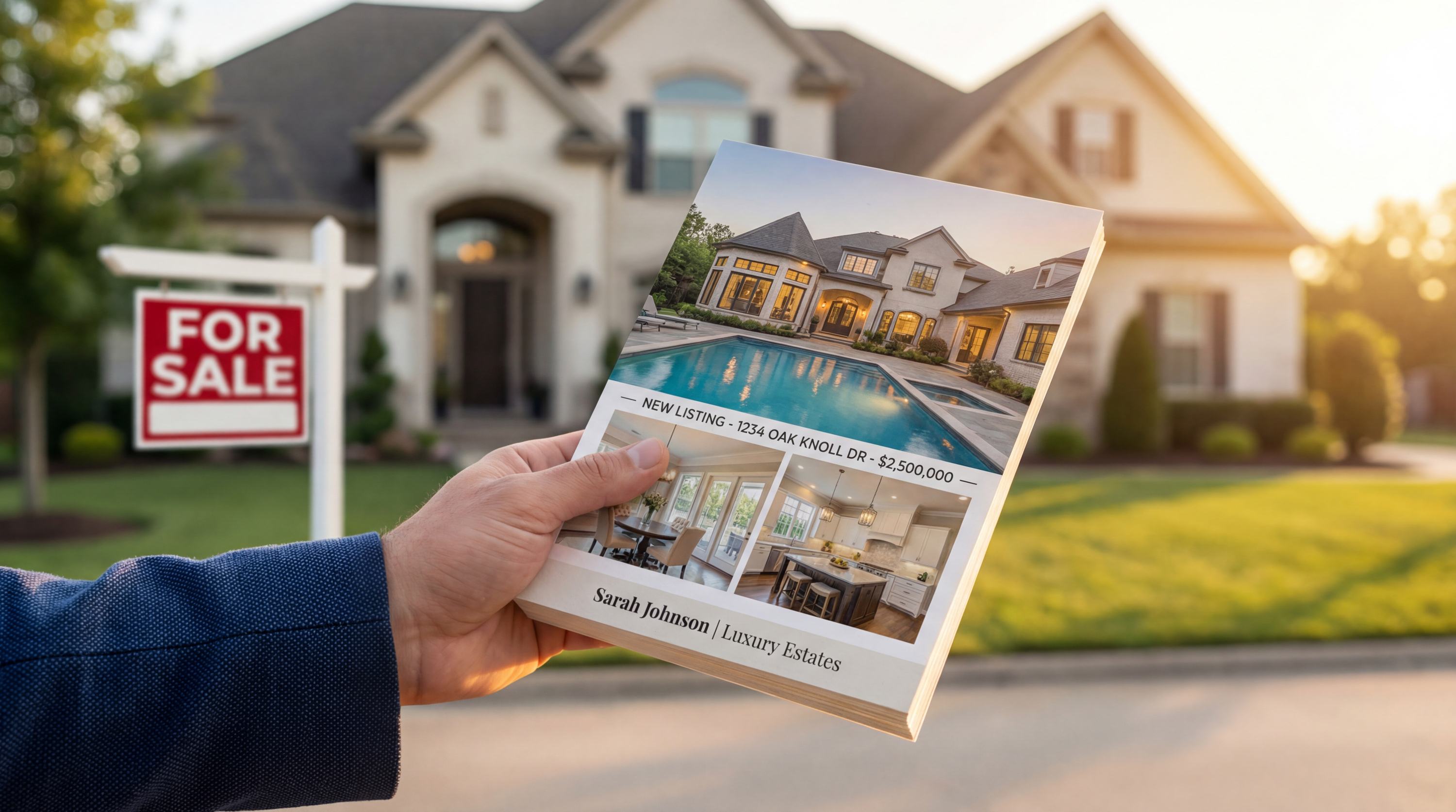 Real estate agent presenting custom printed open house flyer with property listing on premium cardstock in front of suburban home