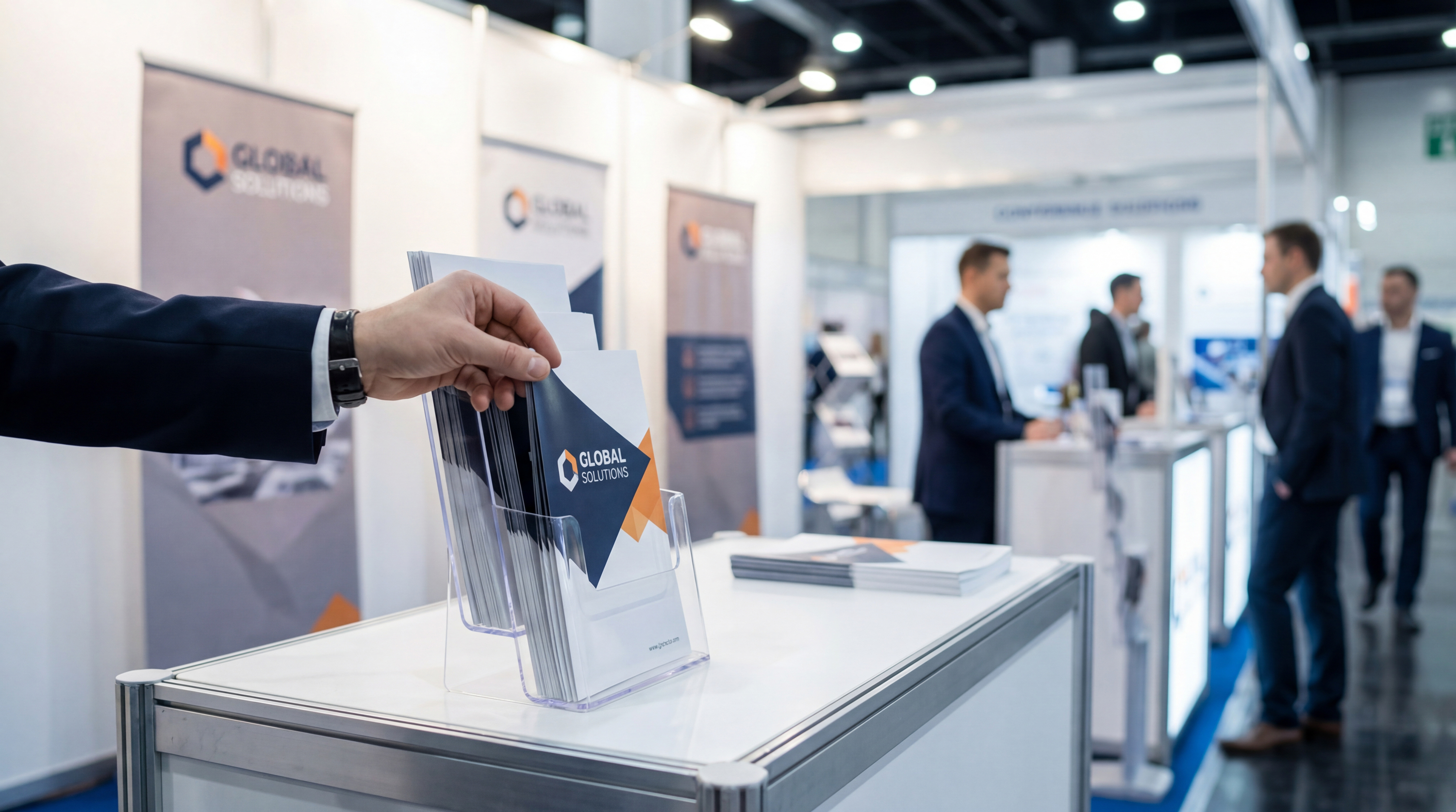 Professional business flyers in acrylic display holder at trade show booth printed on premium 16pt cardstock